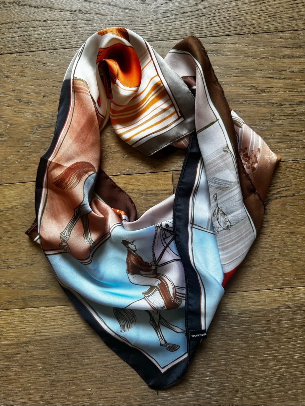 Equestrian Print Silky Scarf in Blue, Brown & Cream